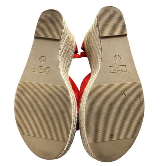 ZBY Womens Size 7.5 Red Faux Suede 4" Wedge Heel Espadrille Open Toe Shoes - Picture 6 of 7